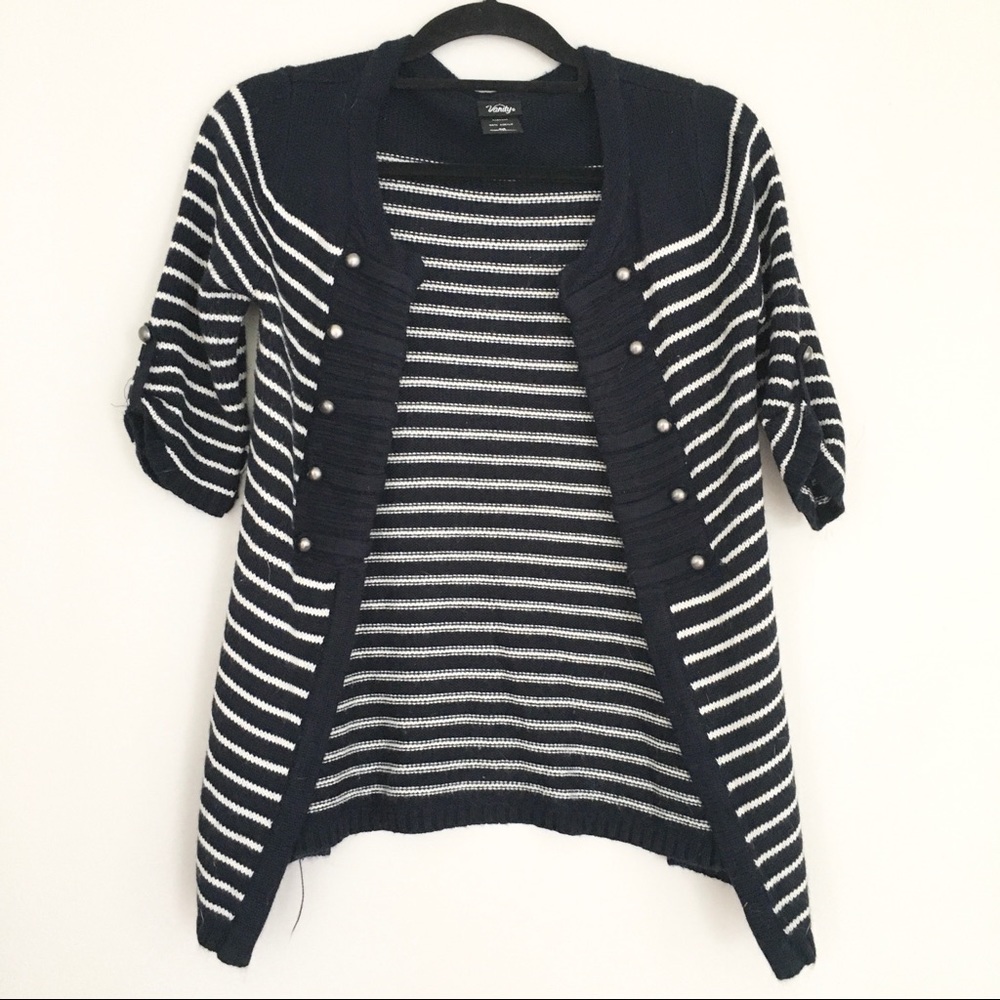 Vanity Navy Striped Open Short Sleeve Cardigan M